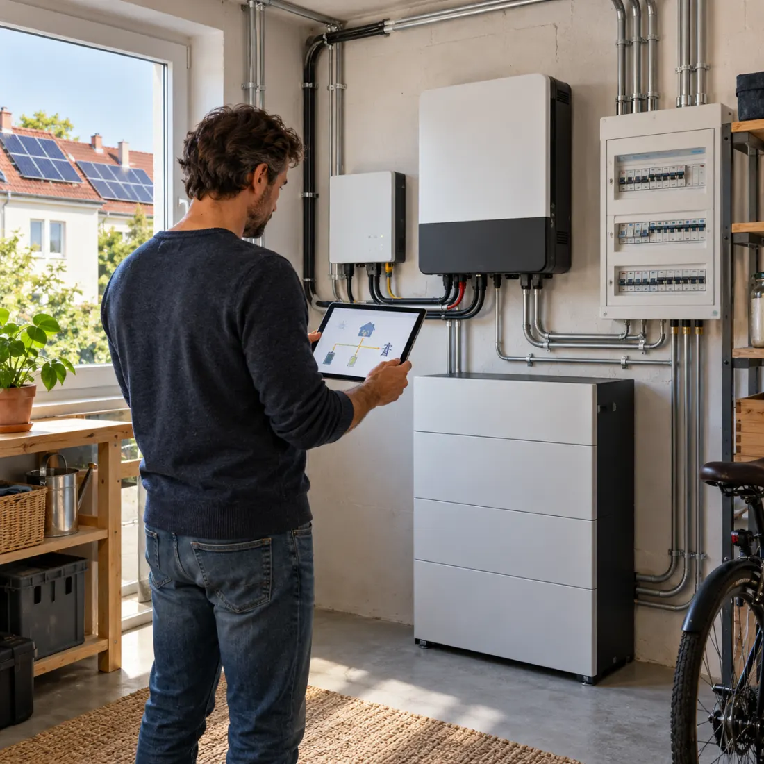 Visualisierung: Energiemanagement einer Photovoltaikanlage am Tablet im Hauswirtschaftsraum