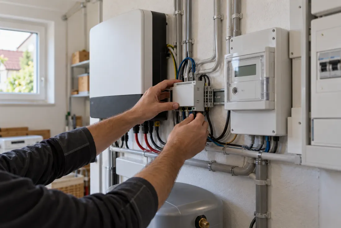 KI-Visualisierung: Elektrofachkraft installiert ein Energiemanagementmodul neben dem Zählerschrank