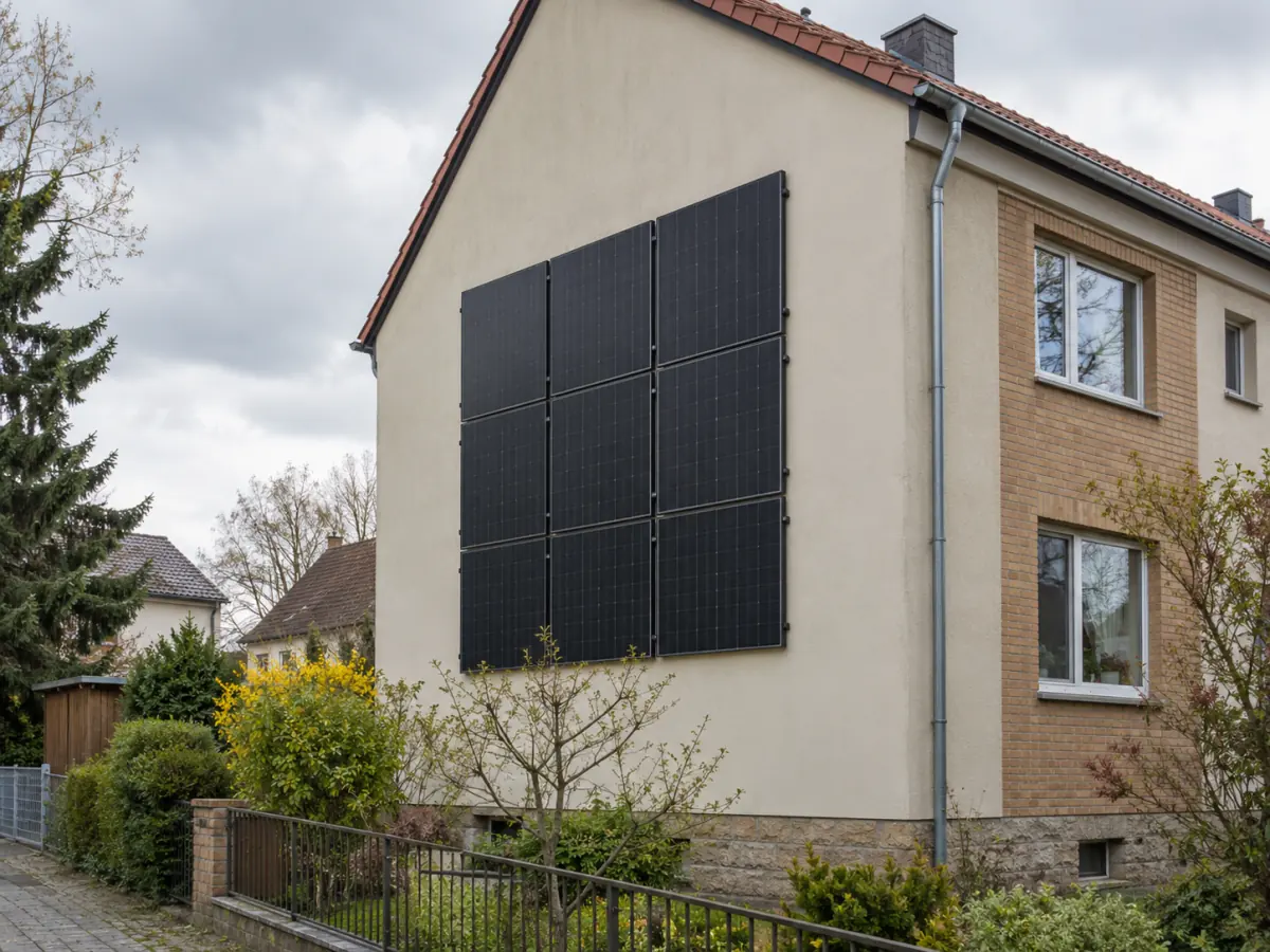 Beispielabbildung eines Wohnhauses mit Solarmodulen an einer geschlossenen Fassadenfläche
