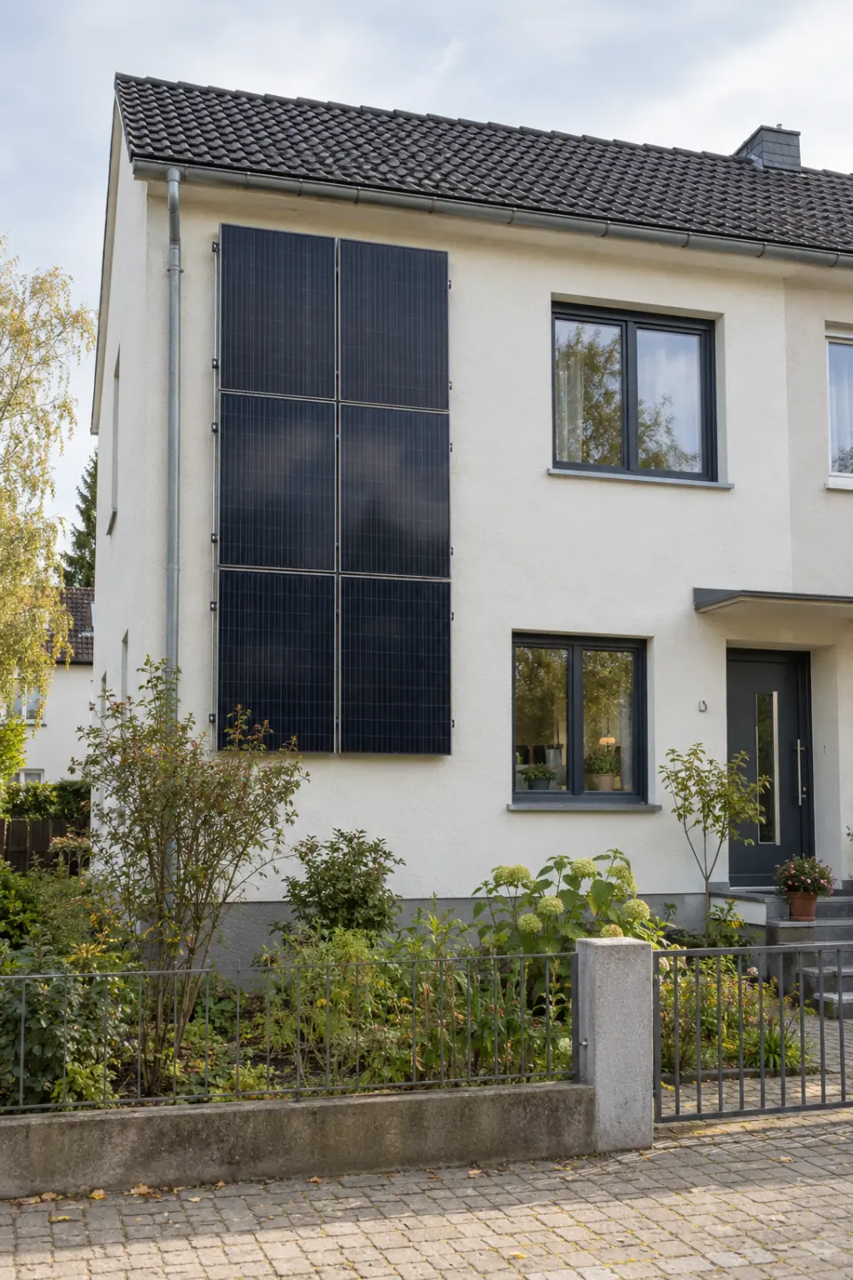 Beispielabbildung eines Wohnhauses mit vertikal montierten Solarmodulen an einer geschlossenen Fassadenfläche