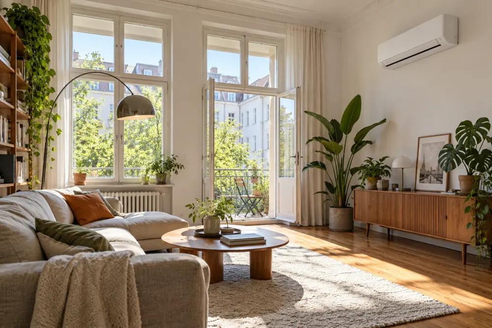 KI-Visualisierung einer Berliner Wohnung mit Wand-Klimagerät