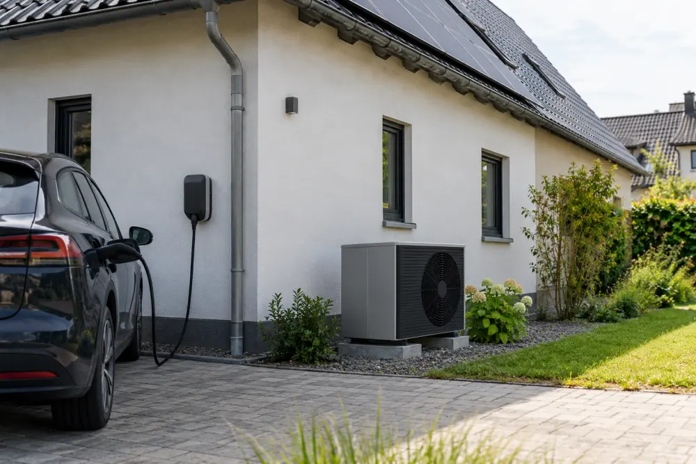 KI-Visualisierung von Wärmepumpe und Wallbox an einem Haus mit Photovoltaik