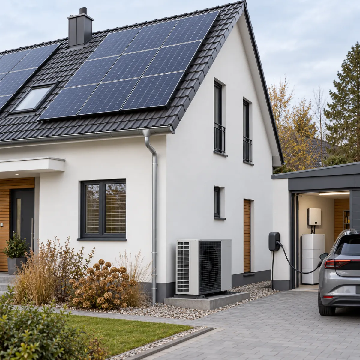 KI-Visualisierung eines Hauses mit Solarmodulen, Wärmepumpe, Wallbox, Elektroauto und sichtbarem Stromspeicher