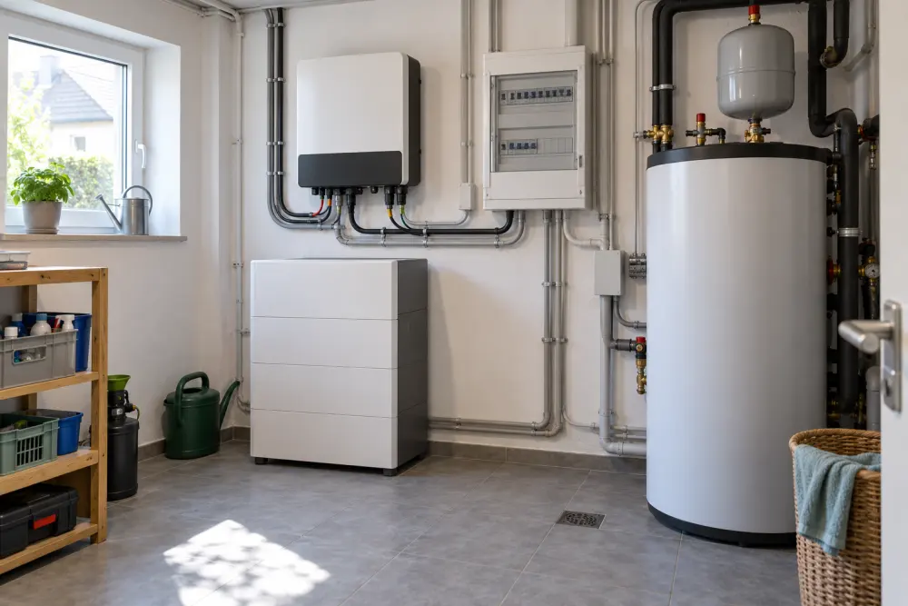 KI-Visualisierung eines Technikraums mit Batterie, Wechselrichter und Warmwasserspeicher