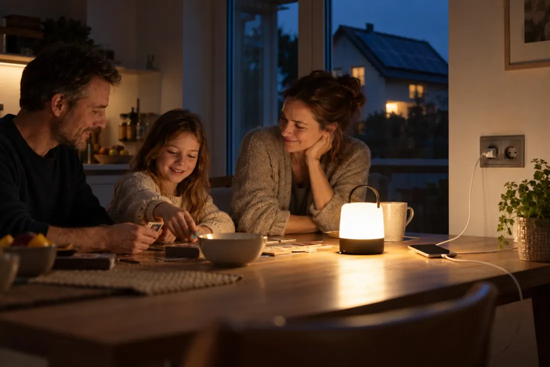 KI-Visualisierung: Familie nutzt Licht und lädt ein Telefon an einer Steckdose