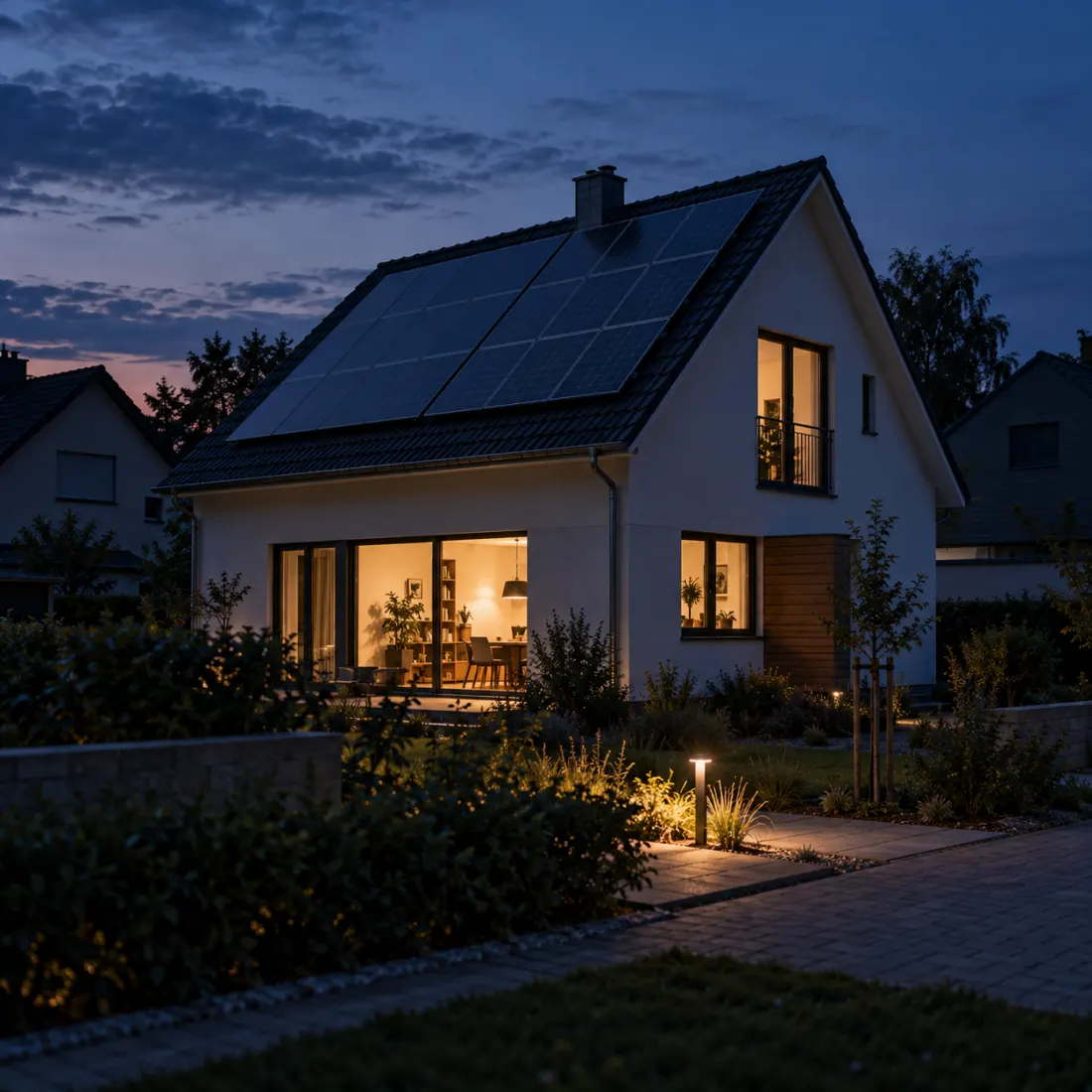 Visualisierung eines Hauses mit Photovoltaik und möglicher Notstromversorgung