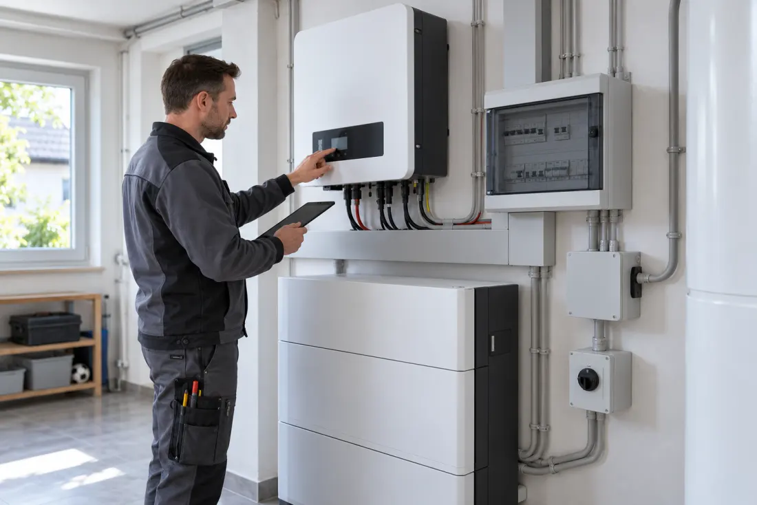 KI-Visualisierung: Elektrofachkraft prüft Wechselrichter, Batteriespeicher und Umschalteinrichtung