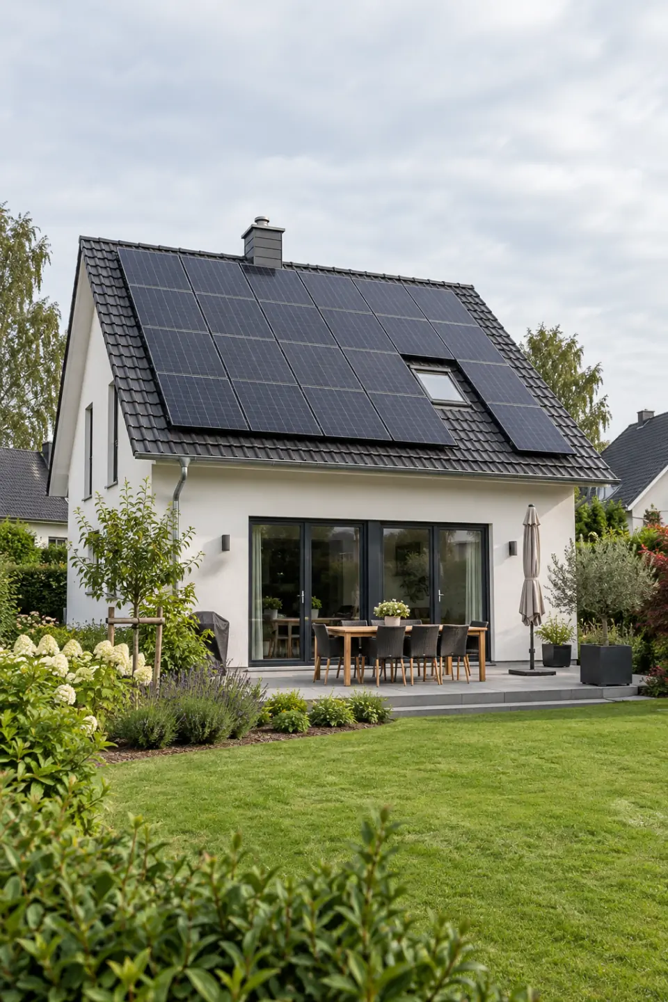 Beispielabbildung eines Einfamilienhauses mit Photovoltaikanlage auf dem Dach