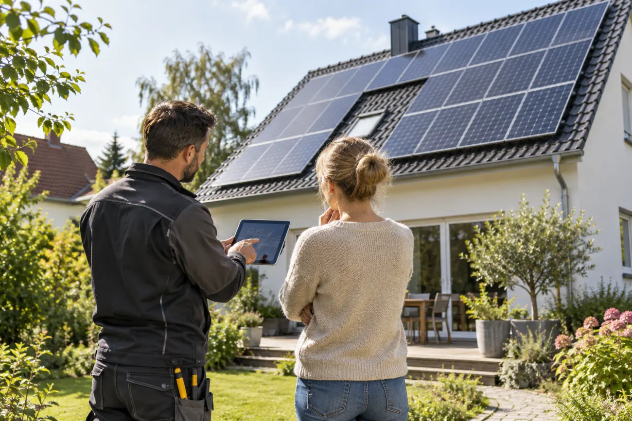 KI-Visualisierung: Fachkraft und Hauseigentümerin besprechen eine PV-Anlage vor dem Haus