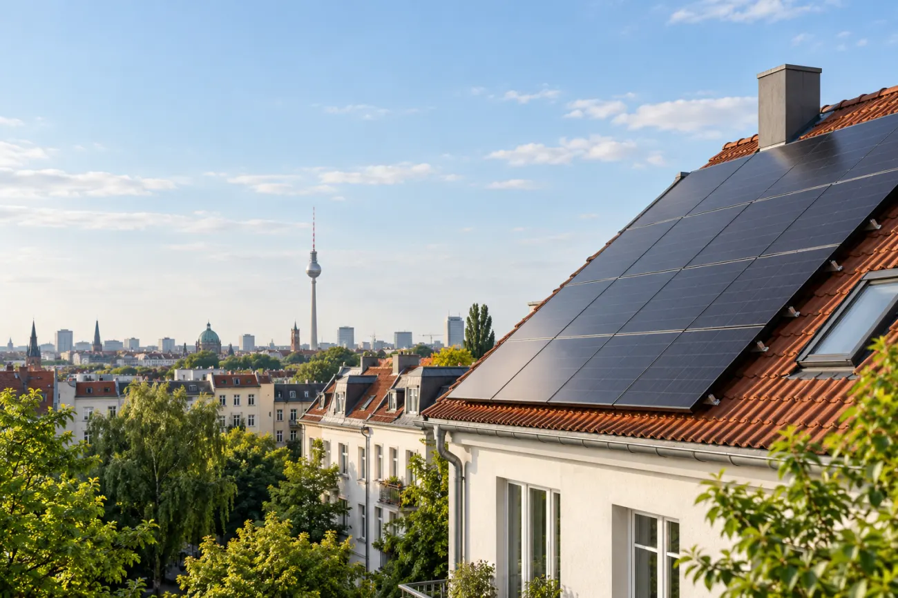 KI-Visualisierung einer Solaranlage auf einem Berliner Hausdach