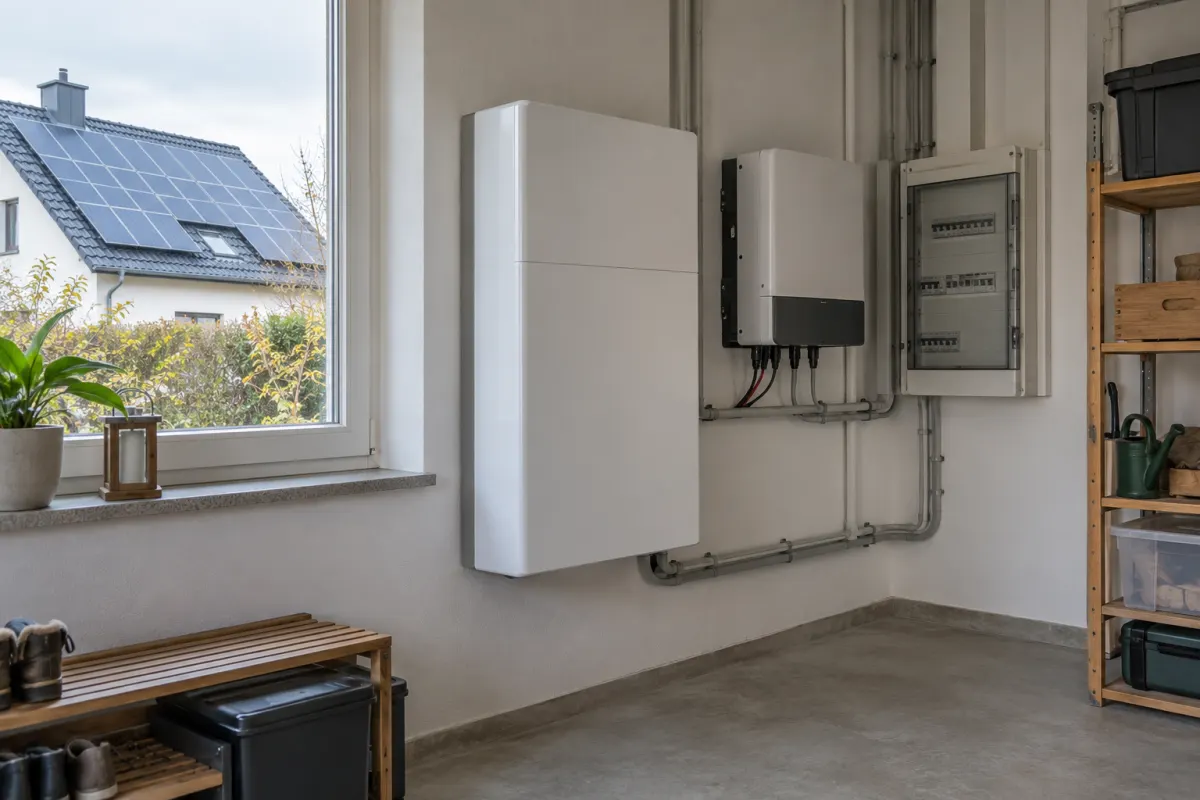 KI-Visualisierung eines Batteriespeichers mit Wechselrichter in einem Haus mit Solardach
