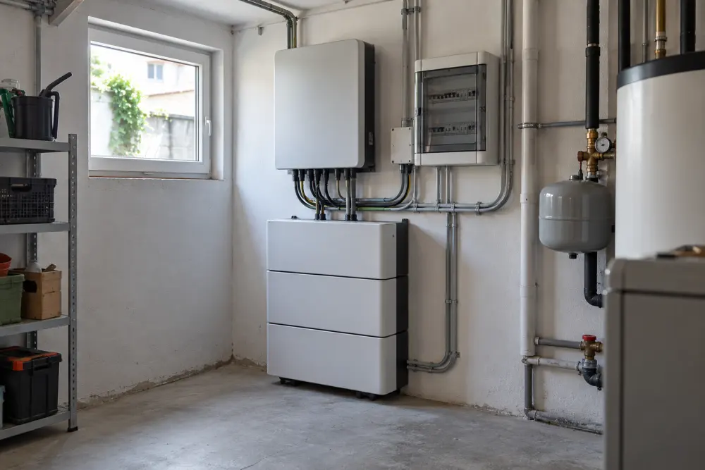 KI-Visualisierung eines modularen Stromspeichers in einem Hauswirtschaftsraum
