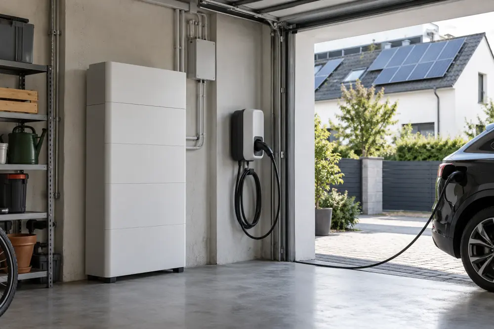 KI-Visualisierung von Stromspeicher, Wallbox und Elektroauto in einer Garage