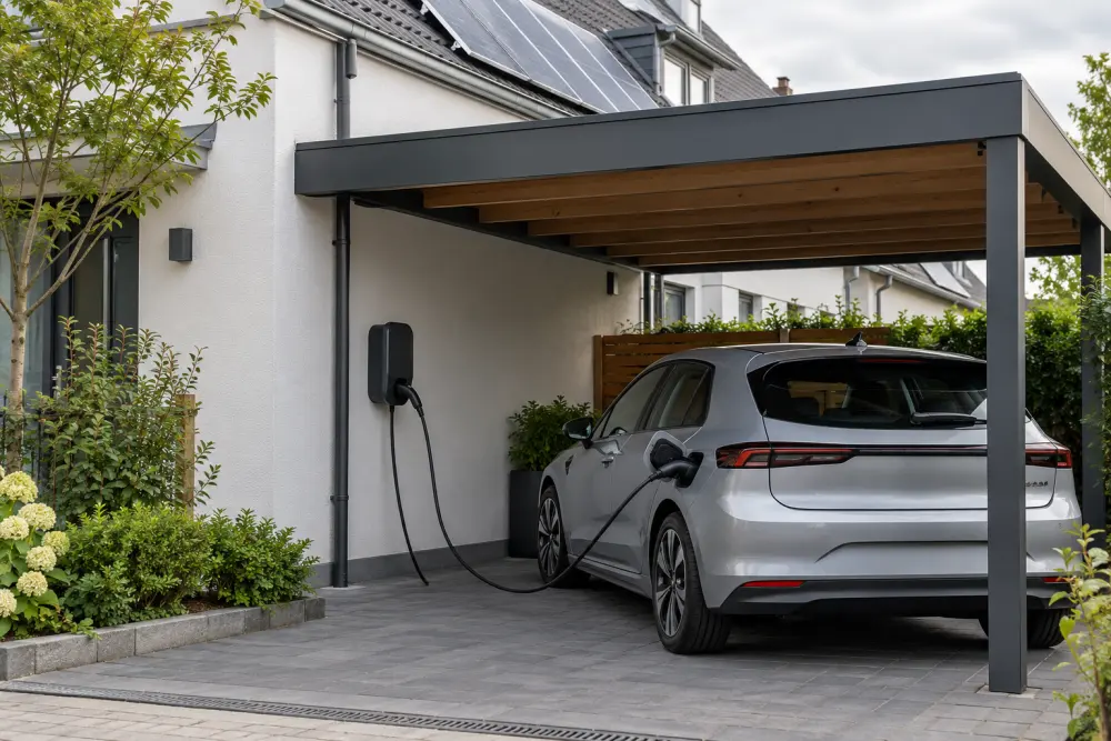 KI-Visualisierung einer Wallbox am Carport mit angeschlossenem Elektroauto und Photovoltaik
