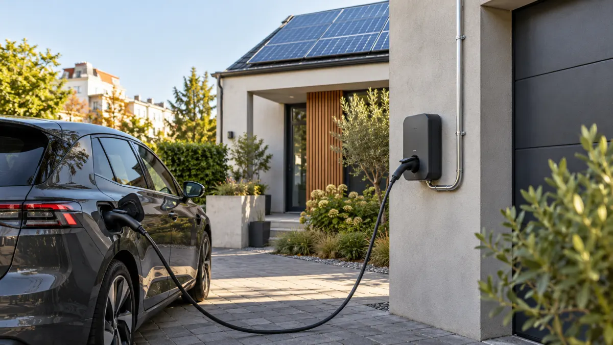 Visualisierung: Elektroauto lädt an einer Wallbox vor einem Haus mit Solarmodulen