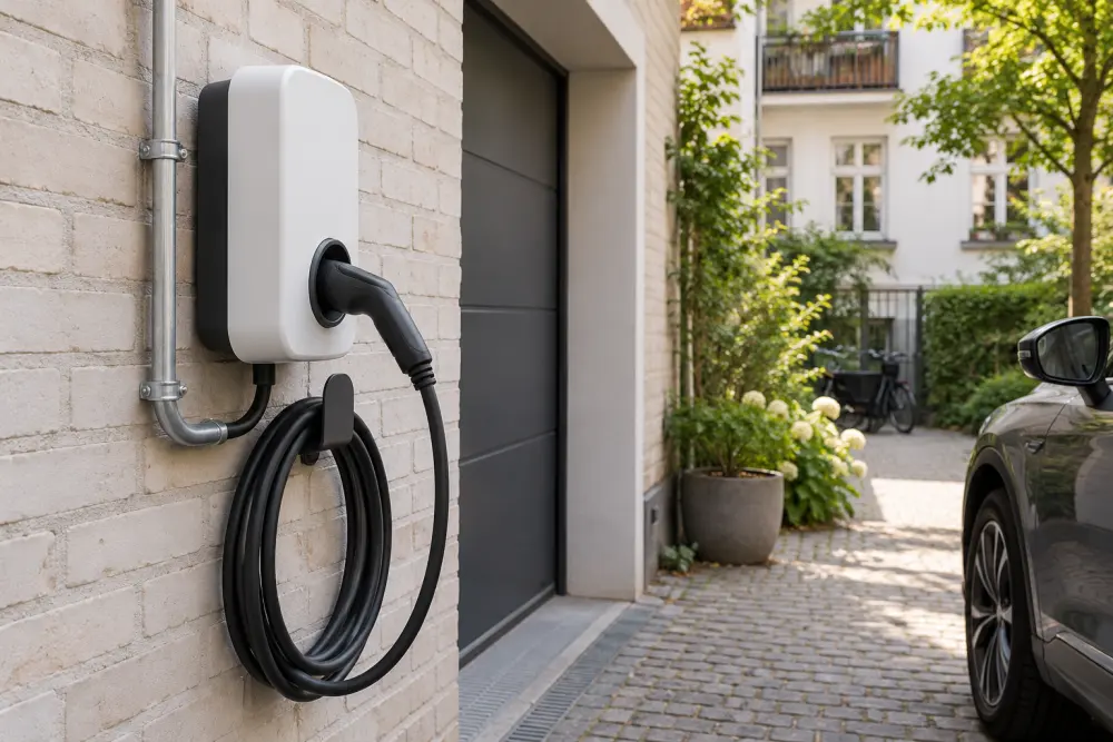 KI-Visualisierung einer Wallbox an einer Garagenwand